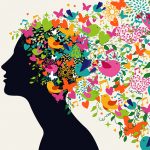 colorful ideas spring from a woman's head like flying birds