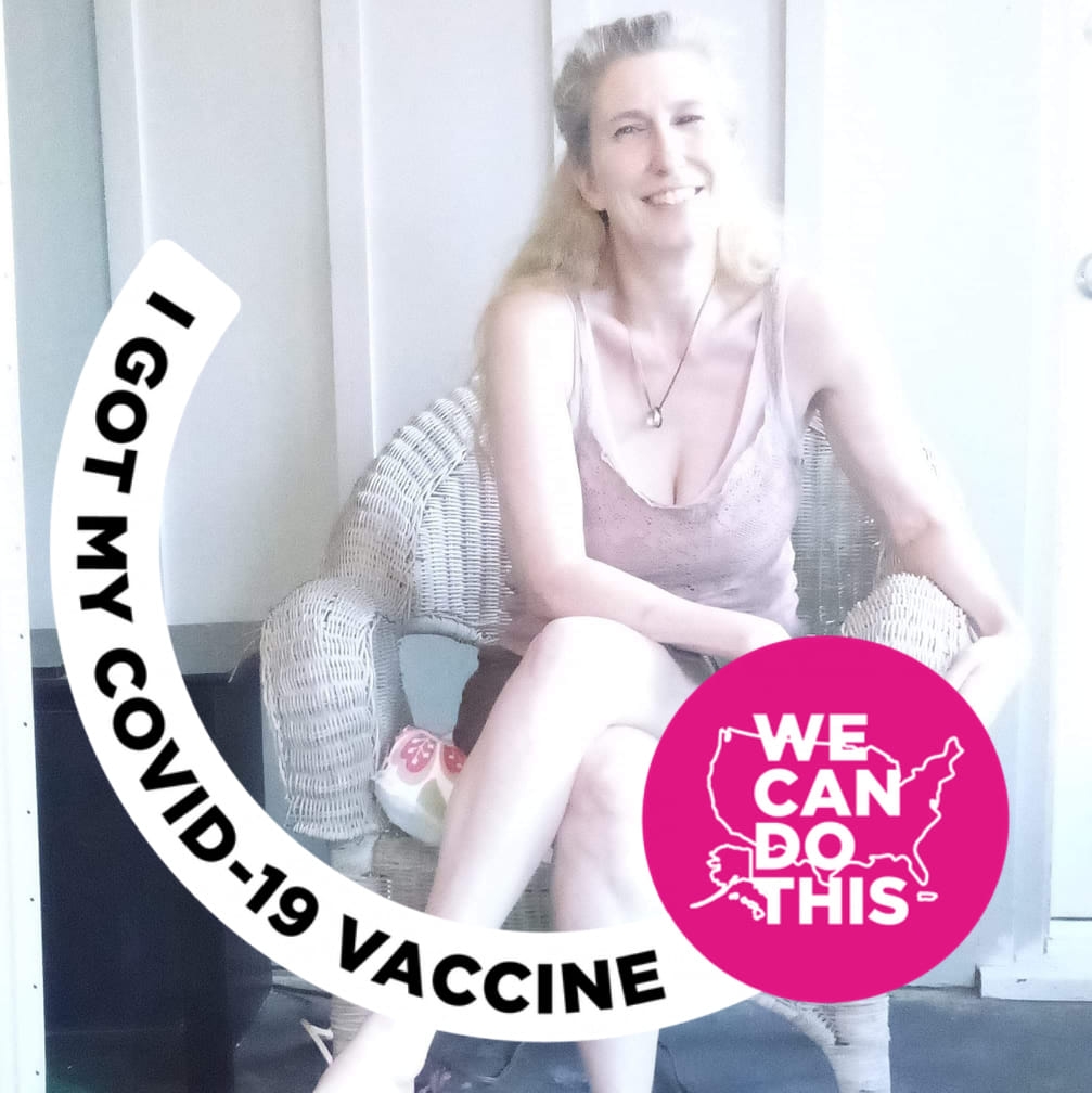 Carlie Lawson seated in a rattan chair on July 4, 2021. The photo is rimmed with a frame that reads, "I got my COVID-19 vaccine. We can do this."