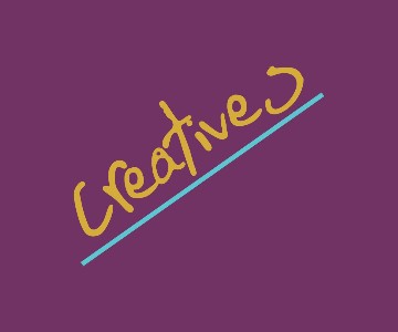 Powell Lawson Creatives logo; it features the word creatives in gold, underlined in blue on a vivid purple background